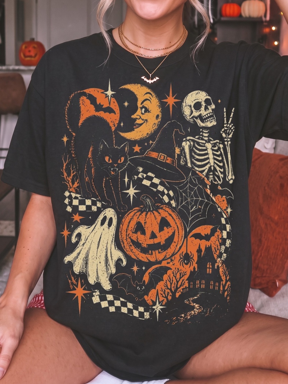 Comfort Colors Retro Halloween Graphic Tee, Black Cat Ghost Skeleton T-Shirt - Picture 2 of 3